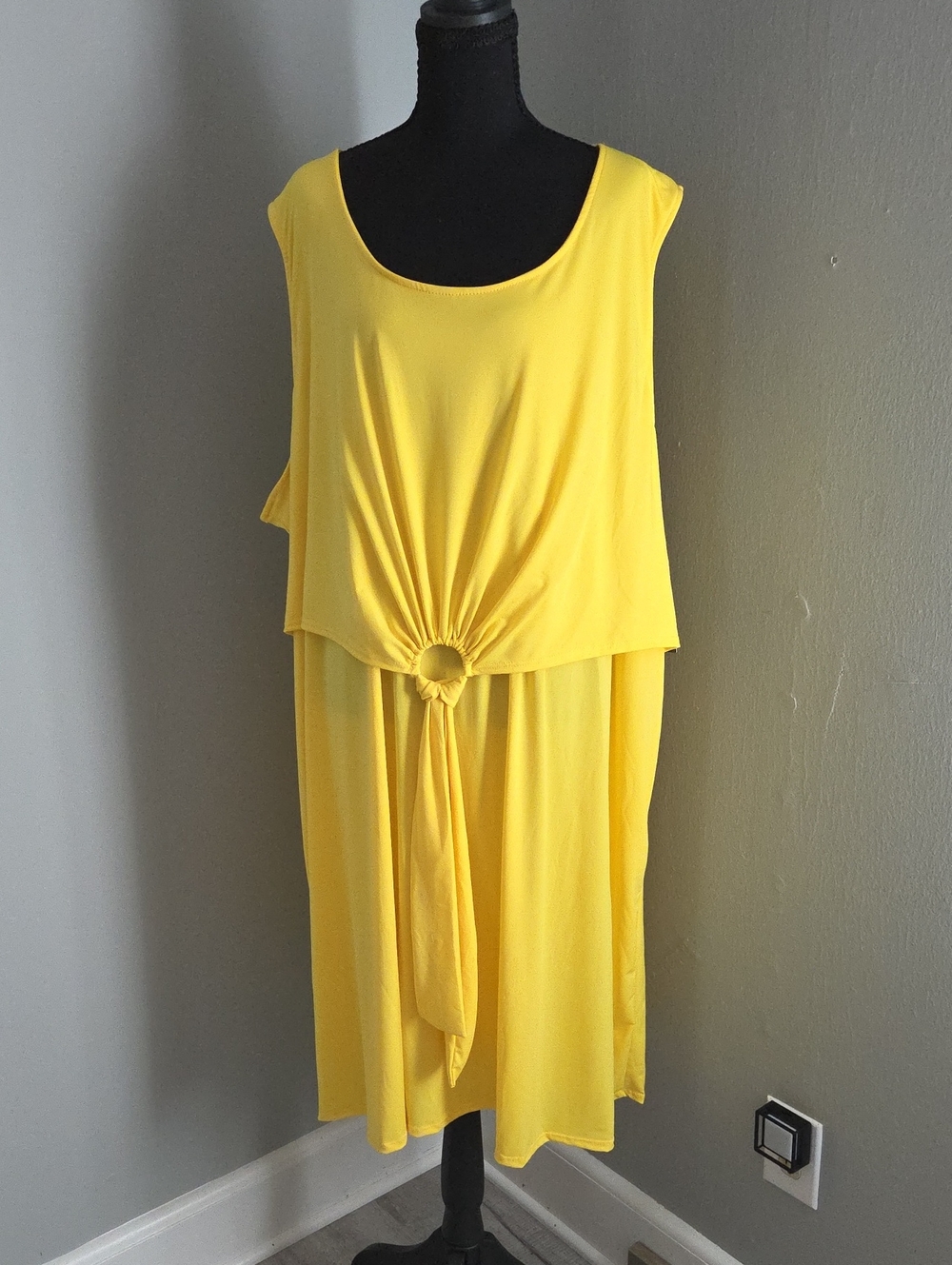 Ashley Stewart Bright Yellow Sleeveless Midi Dress with Front Ring Tie 34/36